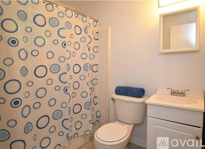 A bathroom with a toilet, sink, and shower curtain.