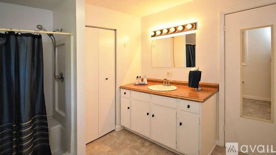 A bathroom with a sink, mirror, and cabinets.