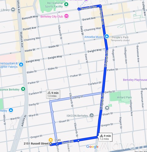 A map with a blue line indicating a route from 215 Russell Street to Berkeley City Club.