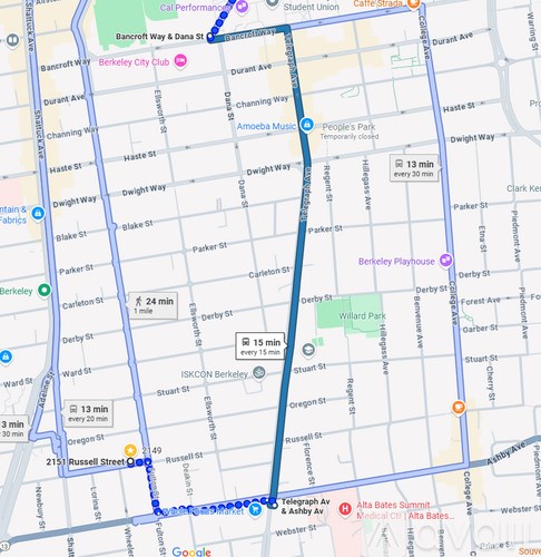 A map with a blue line indicating a route through various streets and locations.