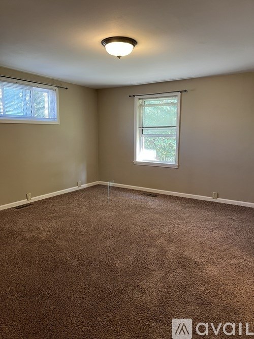 A room with carpeted floor and two windows.