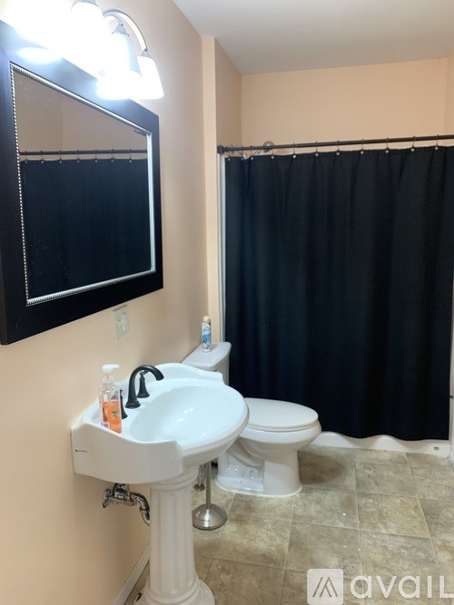 A bathroom with a white pedestal sink, a toilet, and a black shower curtain.