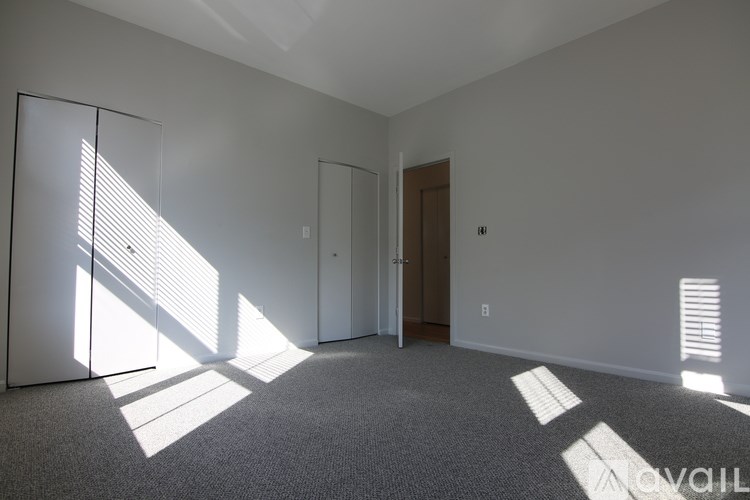 A room with a carpeted floor, two doors, and a window with blinds.