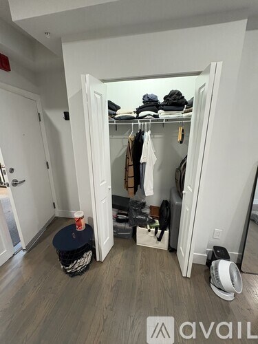 A room with a white door and a shoe rack with shoes hanging on it.