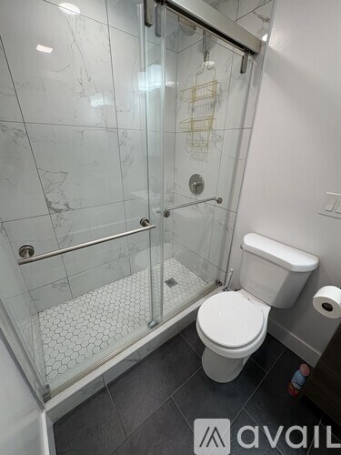 A white toilet in a glass enclosed shower stall.