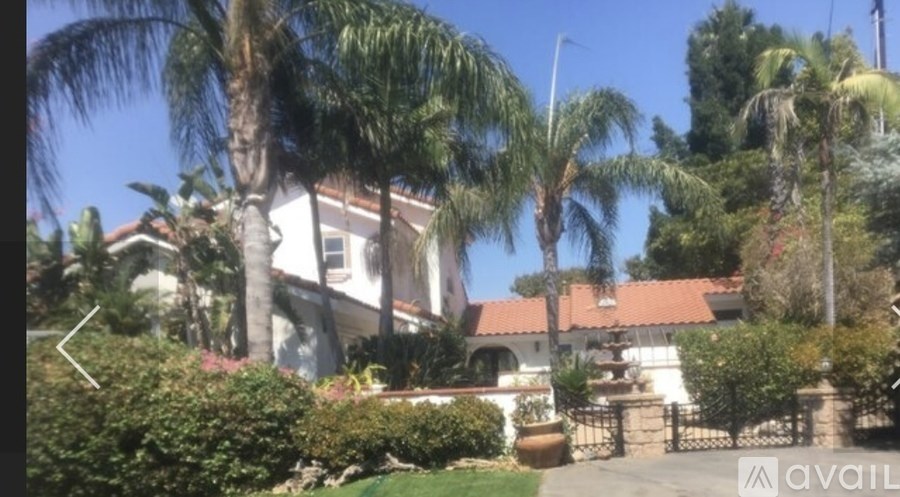 A house with a driveway and palm trees in front.