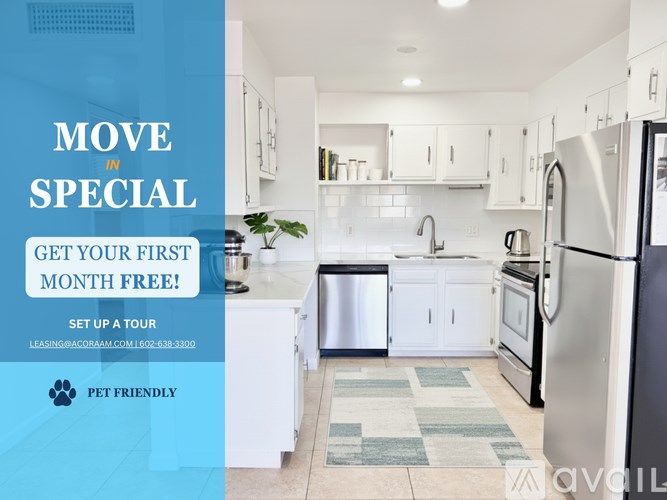 A kitchen with a promotion for a free first month for a tour.