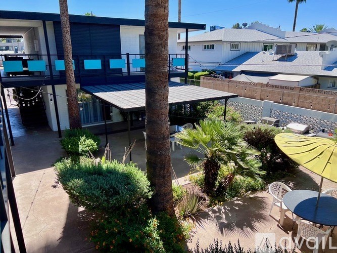 A patio with a table and chairs and a palm tree.