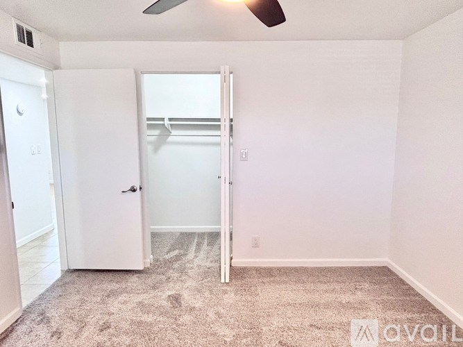 A room with a carpeted floor, a ceiling fan, and a closet with a white door.