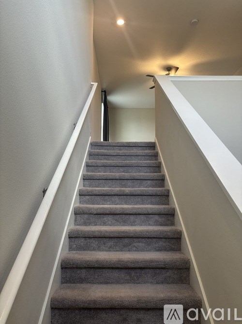 A staircase with a carpeted runner and white handrails.