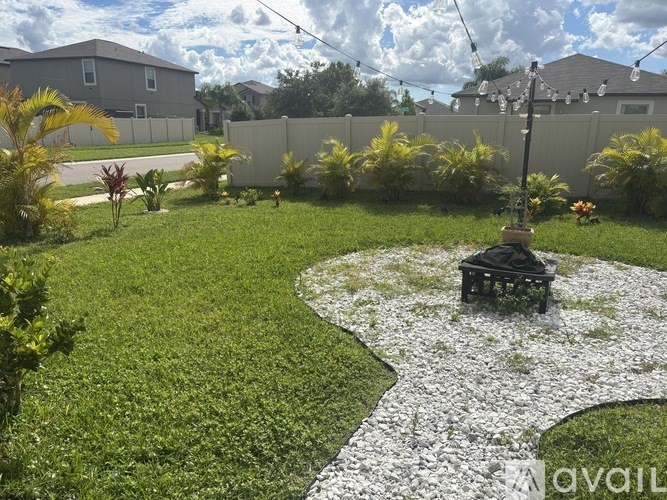 A garden with a gravel path and a black object in the middle.