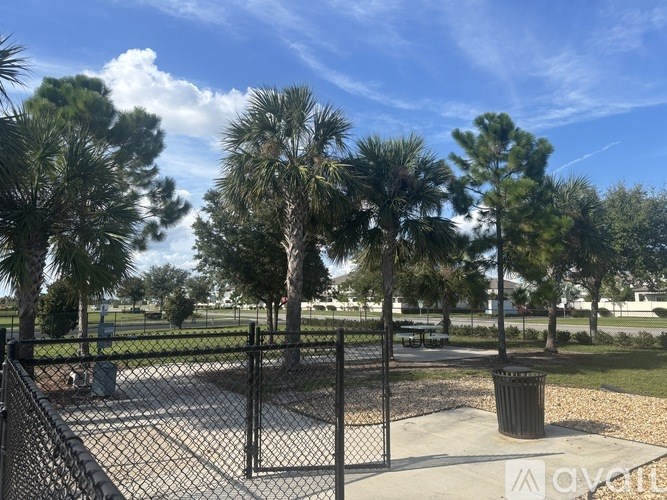 A park with a fence, trees, and a trash can.