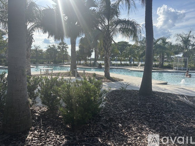 A sunny day at the pool with palm trees and people swimming.