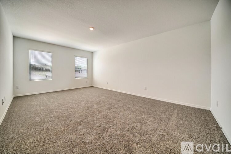 A spacious room with carpeted floor and two windows.