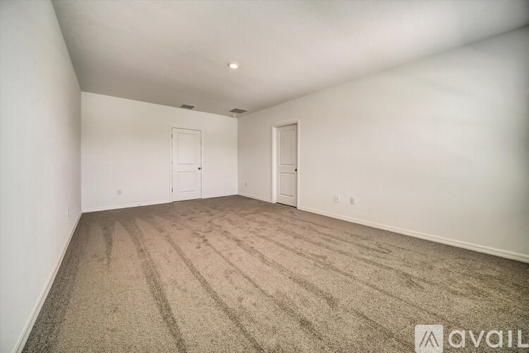 A carpeted room with two doors and a ceiling light.