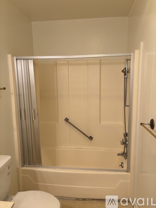 A white toilet is in a small bathroom with a walk-in shower.