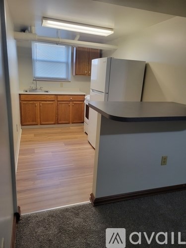 A kitchen with wooden cabinets and a grey counter.