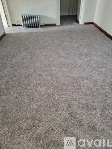 A room with a grey carpet and a radiator.