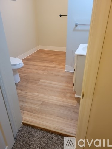 A bathroom with a toilet, sink and wooden floor.