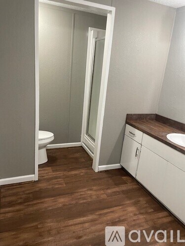 A bathroom with a toilet, sink, and wooden floors.