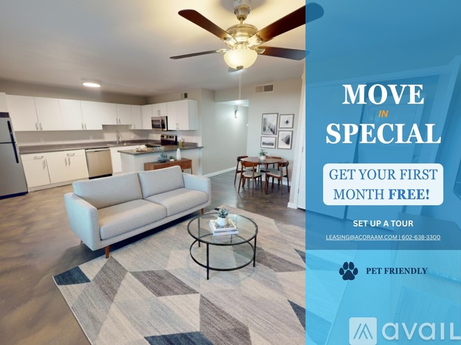 A living room with a couch, coffee table, and a ceiling fan is on sale for the first month free.