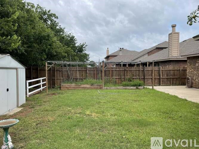 A backyard with a fence and a shed.