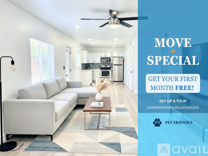 A modern living room with a special move in offer.