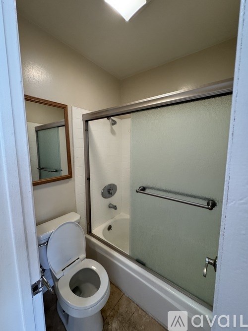 A bathroom with a toilet, a glass shower door, and a mirror.