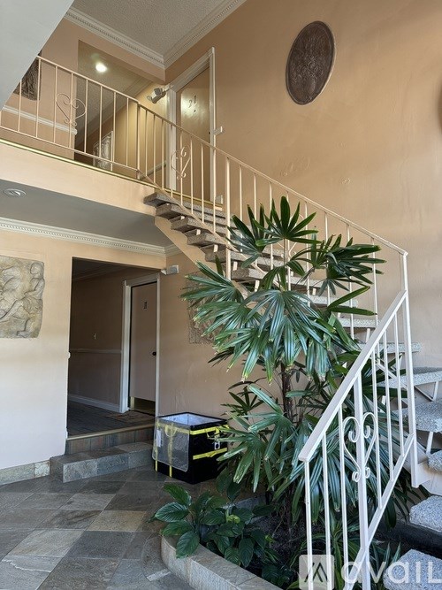 A staircase with a plant on the side.