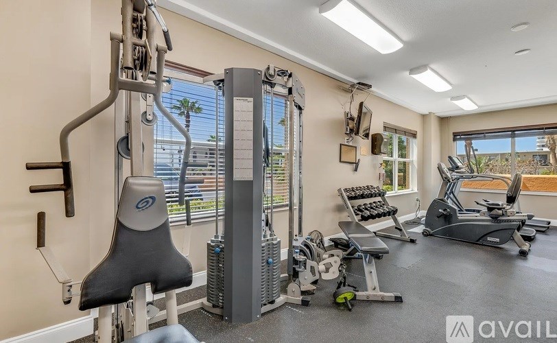 A well-equipped home gym with a view of the outdoors.