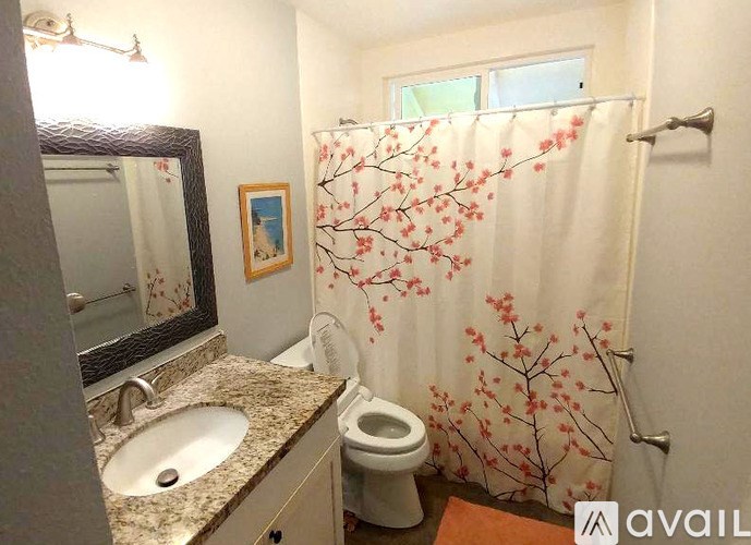 A bathroom with a toilet, sink, and shower curtain.