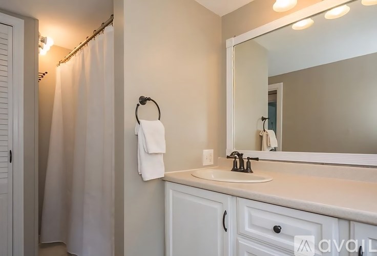 A white bathroom with a sink, mirror, and shower curtain.