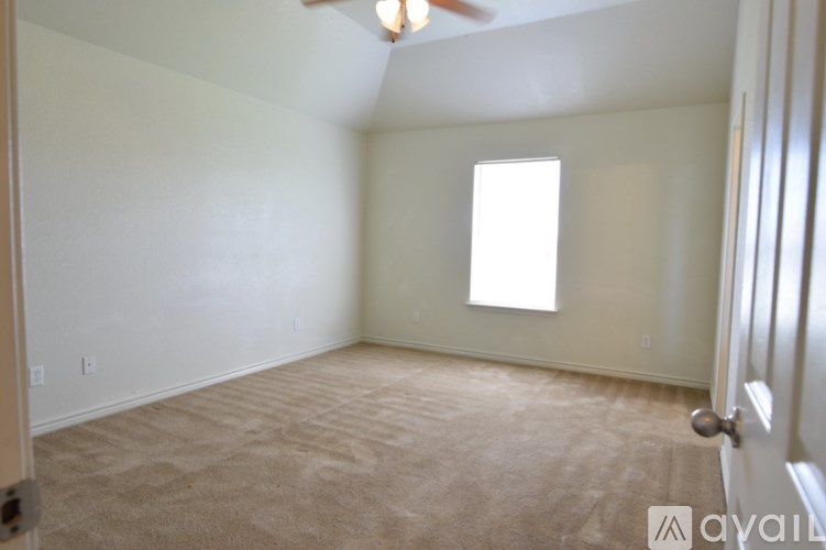 A room with a carpeted floor and a ceiling fan.