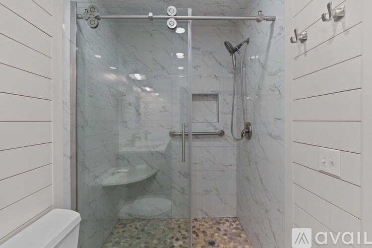 A bathroom with a walk-in shower and a toilet.