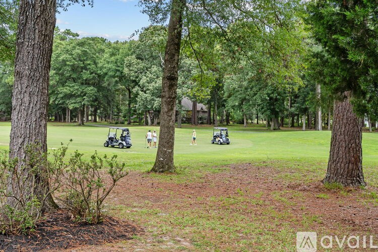 A golf course with trees and golf carts.