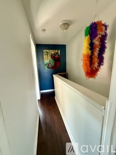 A hallway with a rainbow colored feather boa hanging from the ceiling.