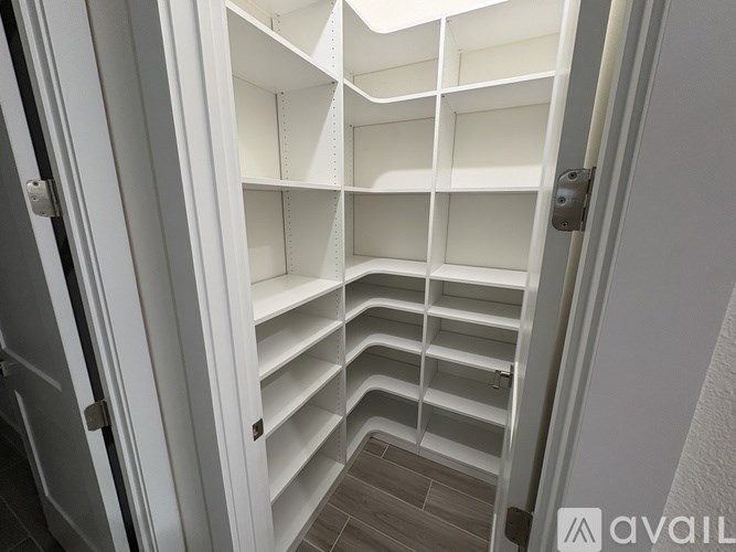 Empty white shelves in a pantry.