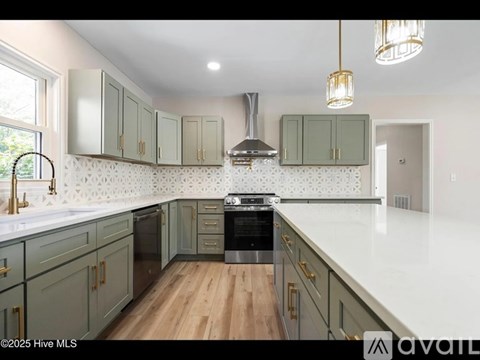 A kitchen with green cabinets and a white countertop.