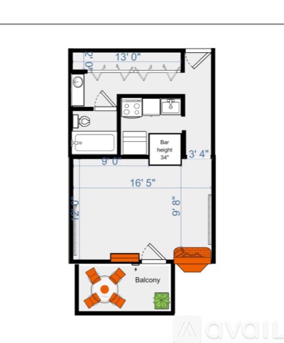A floor plan of a house with a balcony and bar.