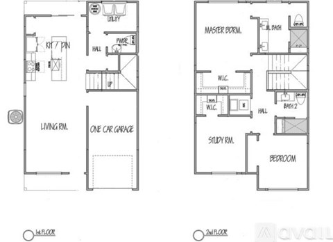 A floor plan of a two-bedroom apartment with a living room, kitchen, study room, and two bathrooms.