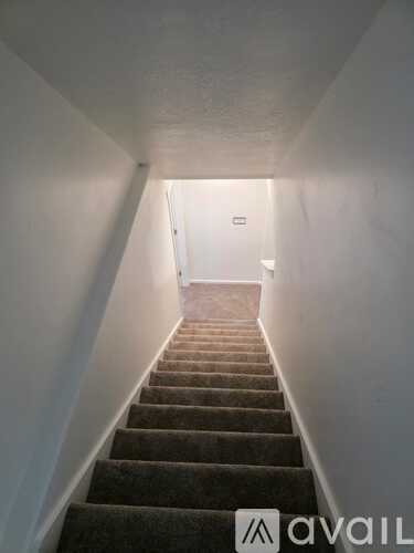 A staircase with a carpeted runner and white walls.