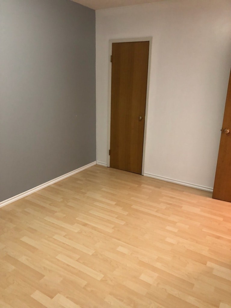 A room with a wooden floor and a brown door.