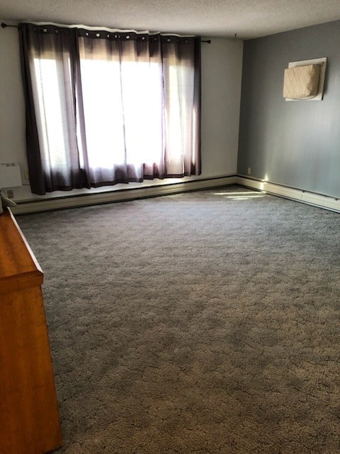 A room with a carpeted floor and a wooden object.