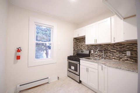 A kitchen with a stove, oven, and sink.