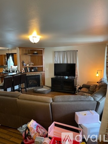 A living room with a couch, television, and fireplace.