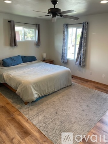 A bedroom with a bed, a ceiling fan, and a rug.