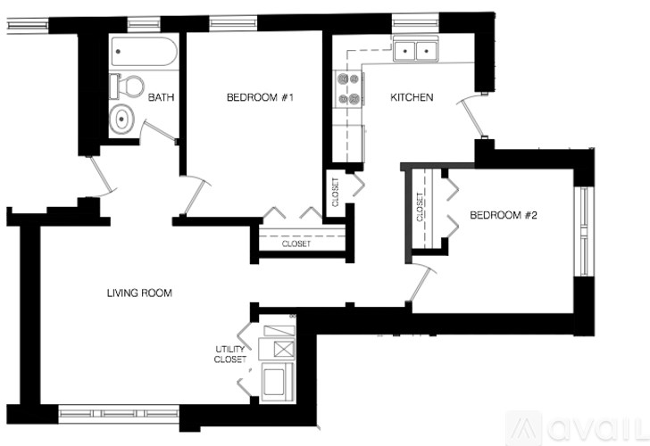 A floor plan of a house with two bedrooms, a living room, a kitchen, a bathroom, and a utility closet.