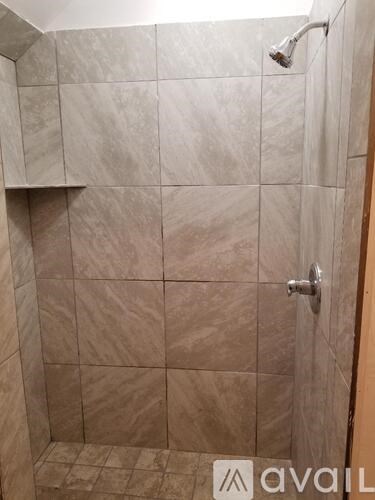 A tiled shower with a door and a shower head.