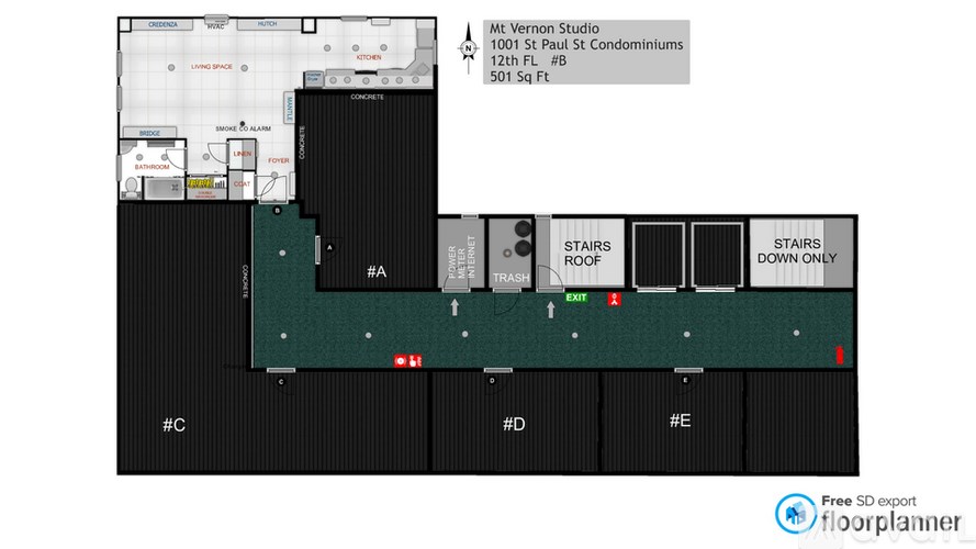 A floor plan of the Mt Vernon Studio at 1001 St Paul St, including stairwells and room layout.