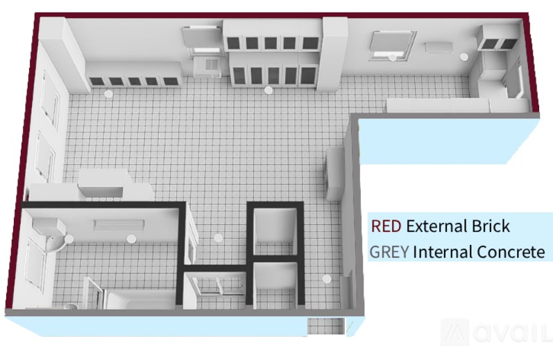 A 3D image of a room layout with red external brick and grey internal concrete.